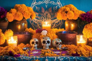 Skulls on an altar decorated for the Day of the Dead. Halloween concept