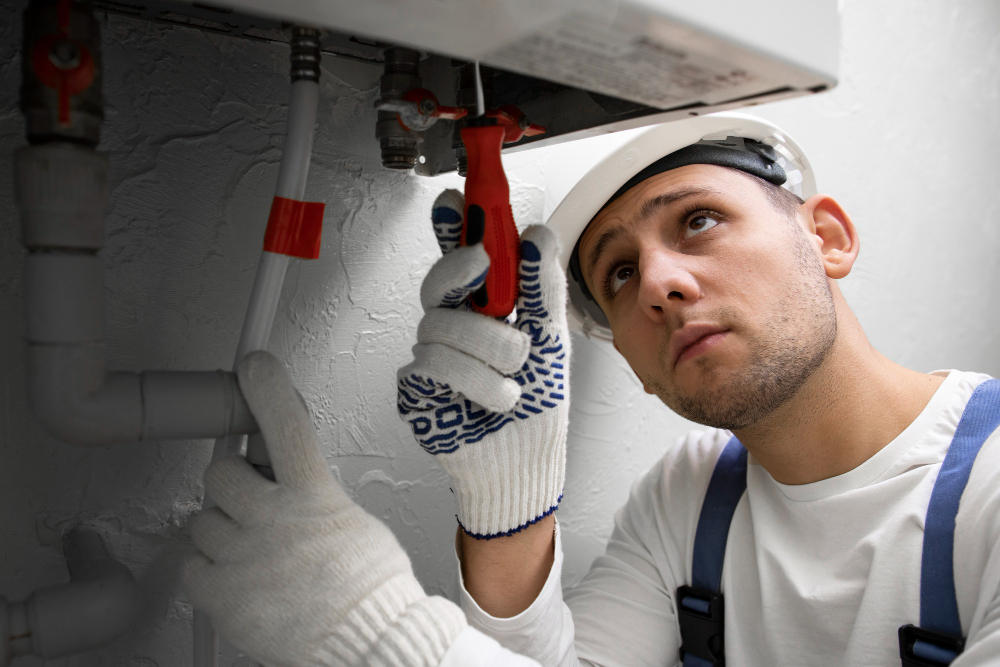 Worker in a hard hat uses pliers to adjust a red valve on plumbing under a sink.