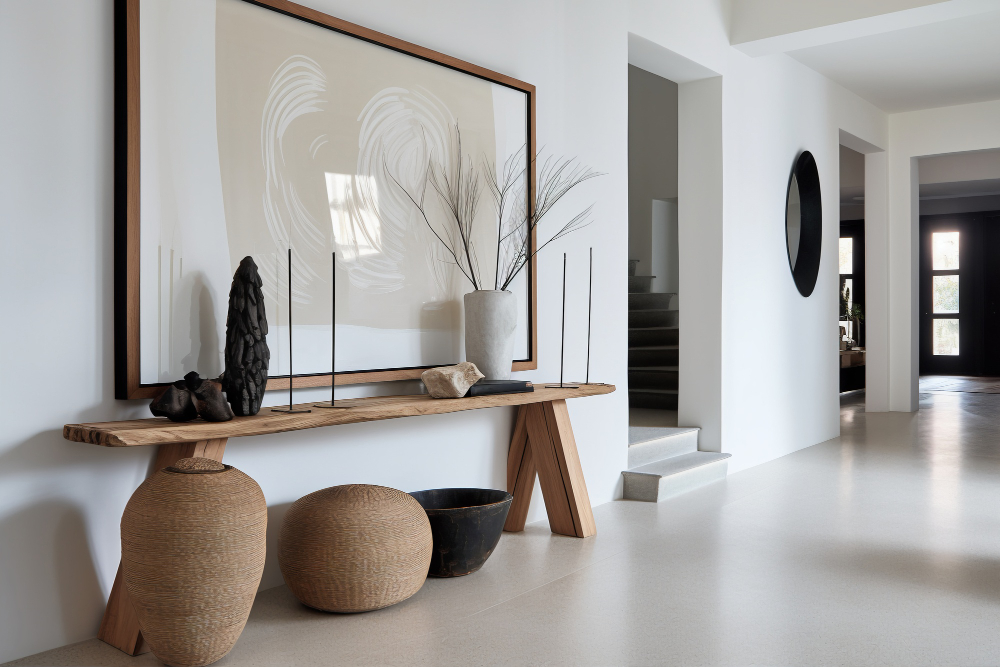 772021 - Nothing Studio | Diario Digital XXI Minimalist foyer with a wooden console table, large abstract-framed artwork, and woven vases/baskets along a pale floor.