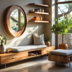Wooden seating area with cushions, circular mirror, and floating shelves in a sunlit, plant-filled living space.