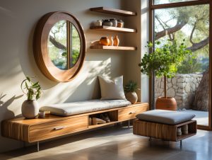 Wooden seating area with cushions, circular mirror, and floating shelves in a sunlit, plant-filled living space.