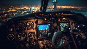 Nighttime cockpit view with illuminated flight instruments and city lights visible through the windshield.