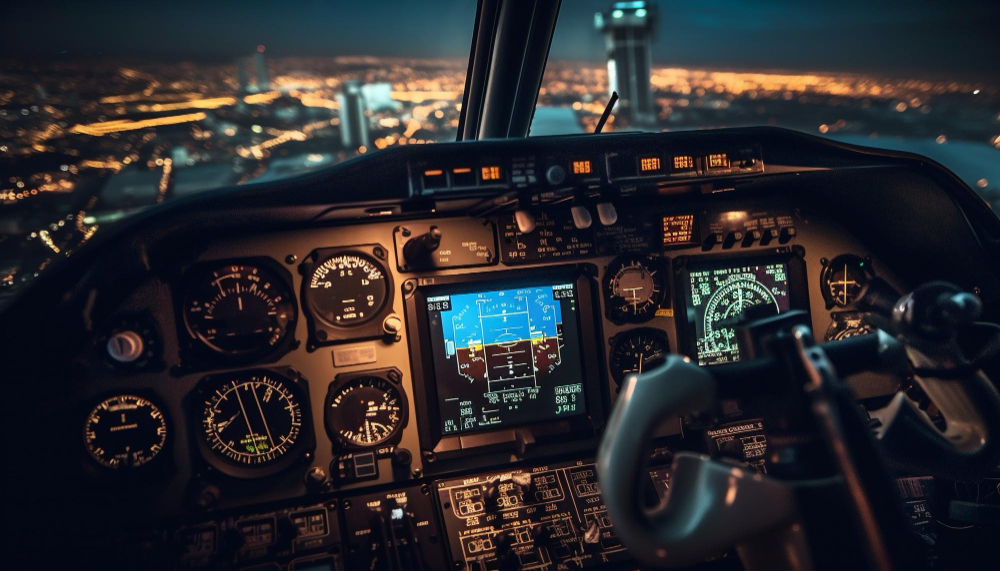 Nighttime cockpit view with illuminated flight instruments and city lights visible through the windshield.
