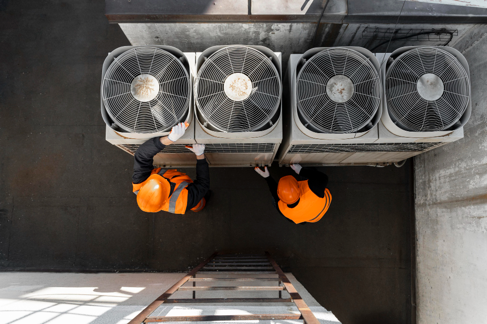 774909 - Martorell Instalaciones | Diario Digital XXI Overhead view of two maintenance workers in orange safety vests and hard hats servicing three large outdoor HVAC units on a rooftop.