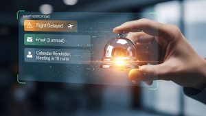 Hand holding a glowing bell with a holographic notifications panel showing flight delay, unread emails, and a calendar reminder.