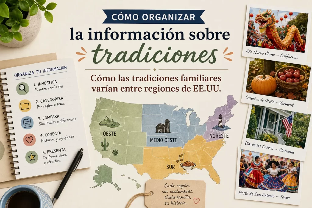cómo organizar la información sobre tradiciones Cómo las tradiciones familiares varían entre regiones de EE.UU.