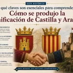 Infografía histórica sobre la unificación de Castilla y Aragón: dos escudos coronados se estrechan las manos frente a un castillo, con texto explicativo a la izquierda y título superior.