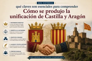 Infografía histórica sobre la unificación de Castilla y Aragón: dos escudos coronados se estrechan las manos frente a un castillo, con texto explicativo a la izquierda y título superior.