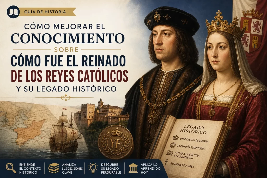 como-mejorar-el-conocimiento-sobre-Como-fue-el-reinado-de-los-Reyes-Catolicos-y-su-legado-historico | Diario Digital XXI Banner publicitario de una guía de historia sobre los Reyes Católicos, con Isabel y Fernando frente a un libro titulado Legado Histórico.