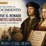 Banner publicitario de una guía de historia sobre los Reyes Católicos, con Isabel y Fernando frente a un libro titulado Legado Histórico.
